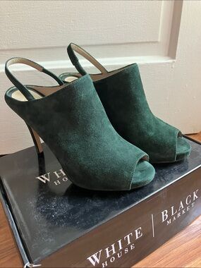 White House Black Market Ariella Dark Green Suede Peep-Toe Heels